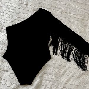 Black fringe one shoulder body suit